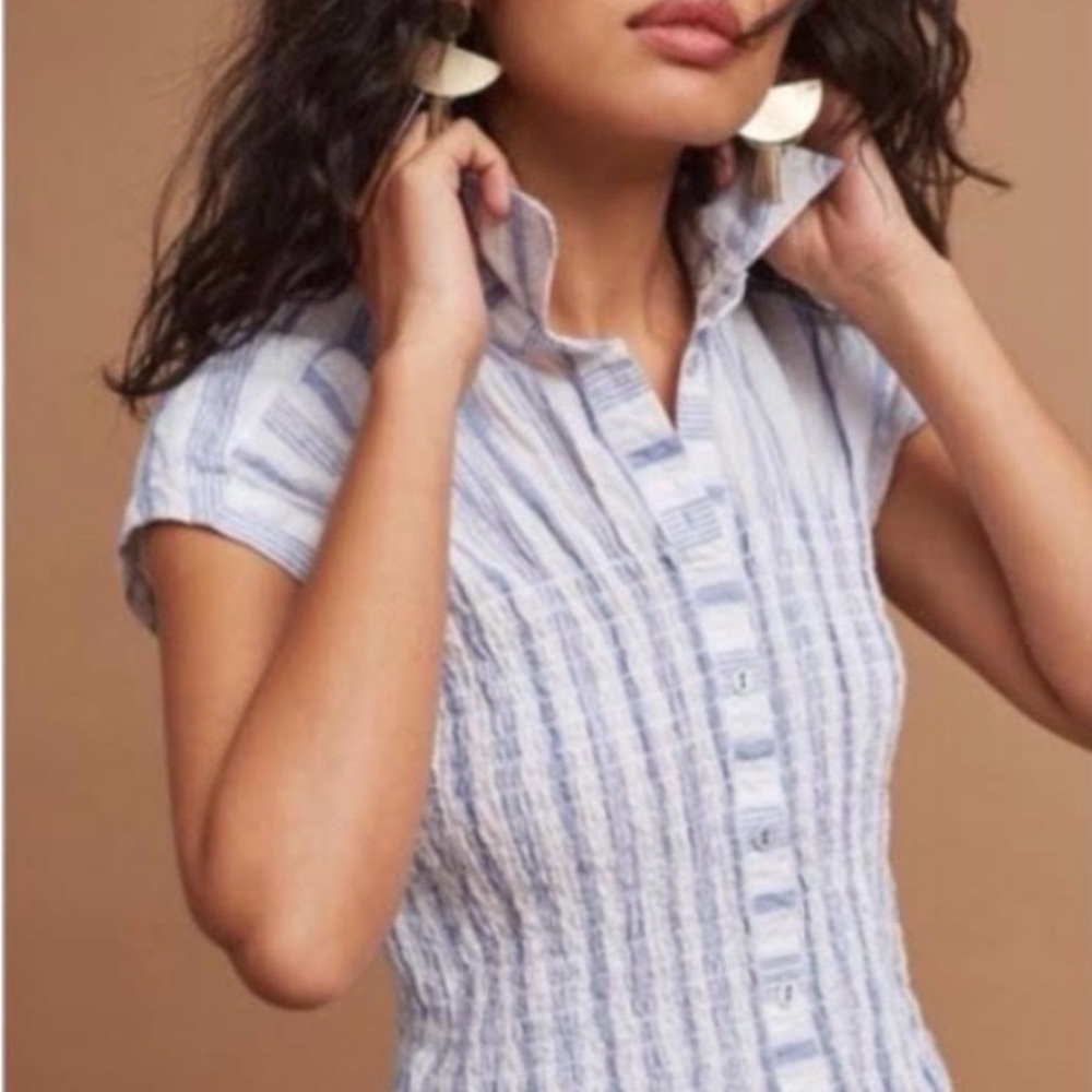 Light Blue Striped Cap-Sleeve Button Front Top